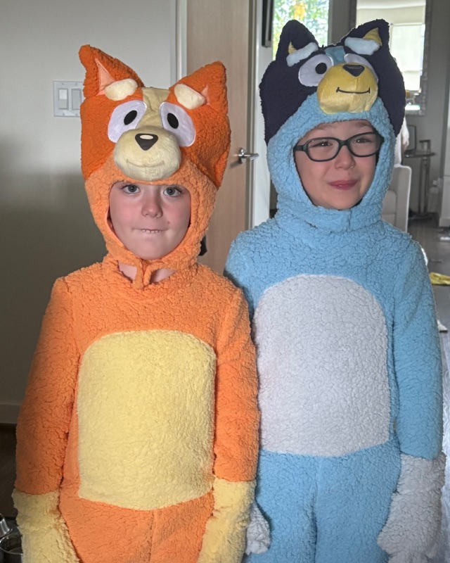 Alex in glasses dressed as Bluey, standing beside his twin brother Niko dressed as Bingo.